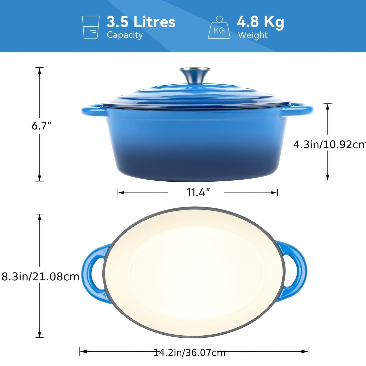 3.5L Enameled Cast Iron Dutch Oven with Oval Body, Fitted Lid, Handle Covers and Five Colors