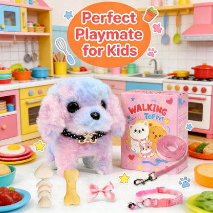 Walking Barking Electric Plush Puppy Toy That Walks Wags Tail & Barks, Realistic Interactive Pet Dog with Leash Bone Bow Tie