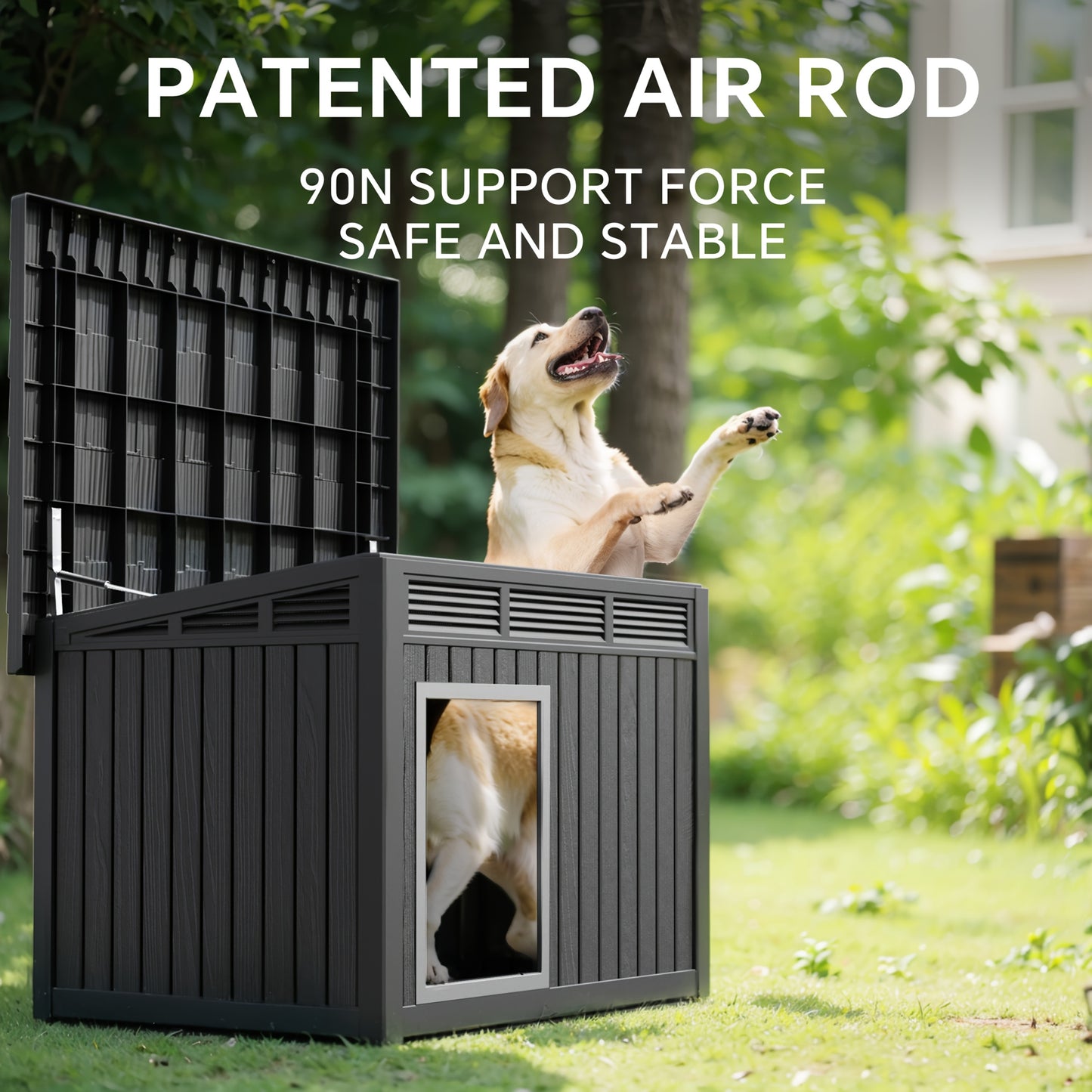 Outdoor Dog House Resin Kennel – All-Weather Slant Roof Dog Villa with Gas-Lift Ventilated Canopy, UV & Stormproof, Removable Top