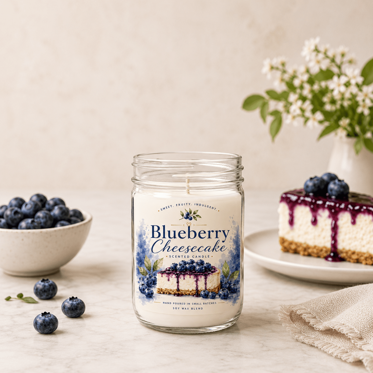 8oz Blueberry Cheesecake Candle in 4-Inch Mason-Style Glass Jar with Black Lid and Cotton Wick