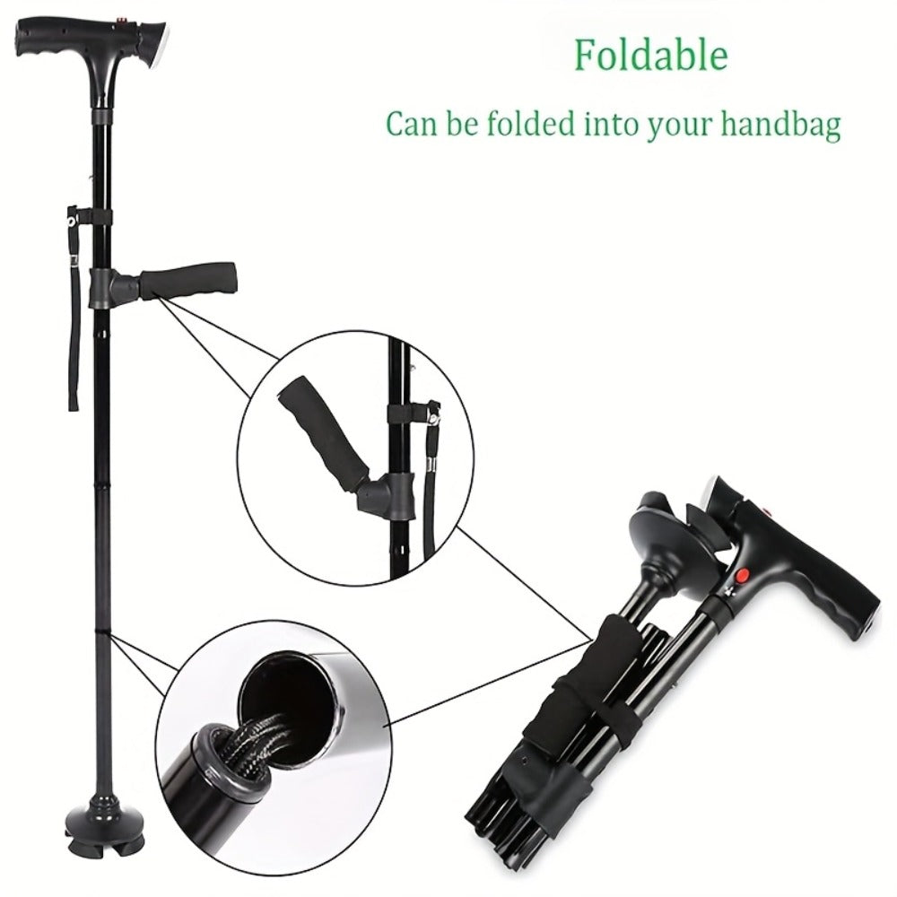 Foldable Walking Cane for Seniors Adjustable Height Folding Stick with Wrist Strap T-Handle for Entryways, Bedrooms and Living Spaces