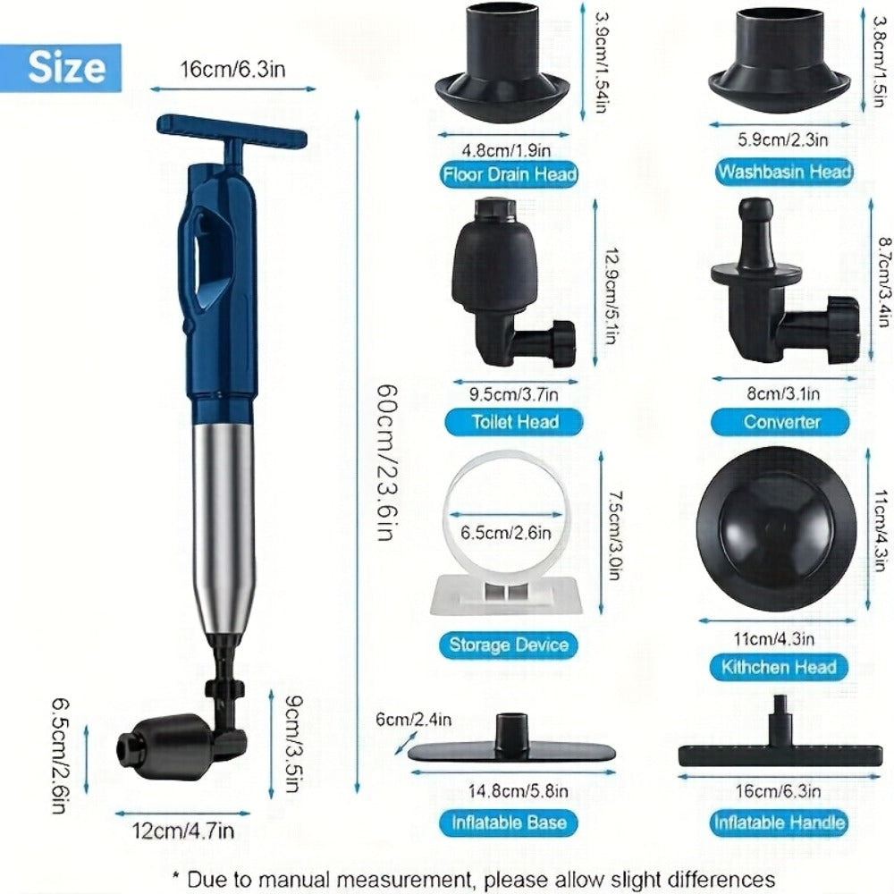 Toilet Plunger Set High Pressure Air Drain Unclogger - Stainless Steel Toilet Snake & Air Discharge Impactor for Clogged Toilet