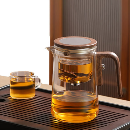 Glass Teapot with Infuser & Wooden Handle – Borosilicate Tea Kettle, One-Button Tea-Water Separation, Drip-Free Spout