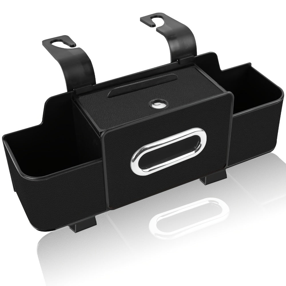 Compact Headrest-Hanging Car Organizer with Two Cup Pockets, Tissue Opening, Hooks and Five Pack Options