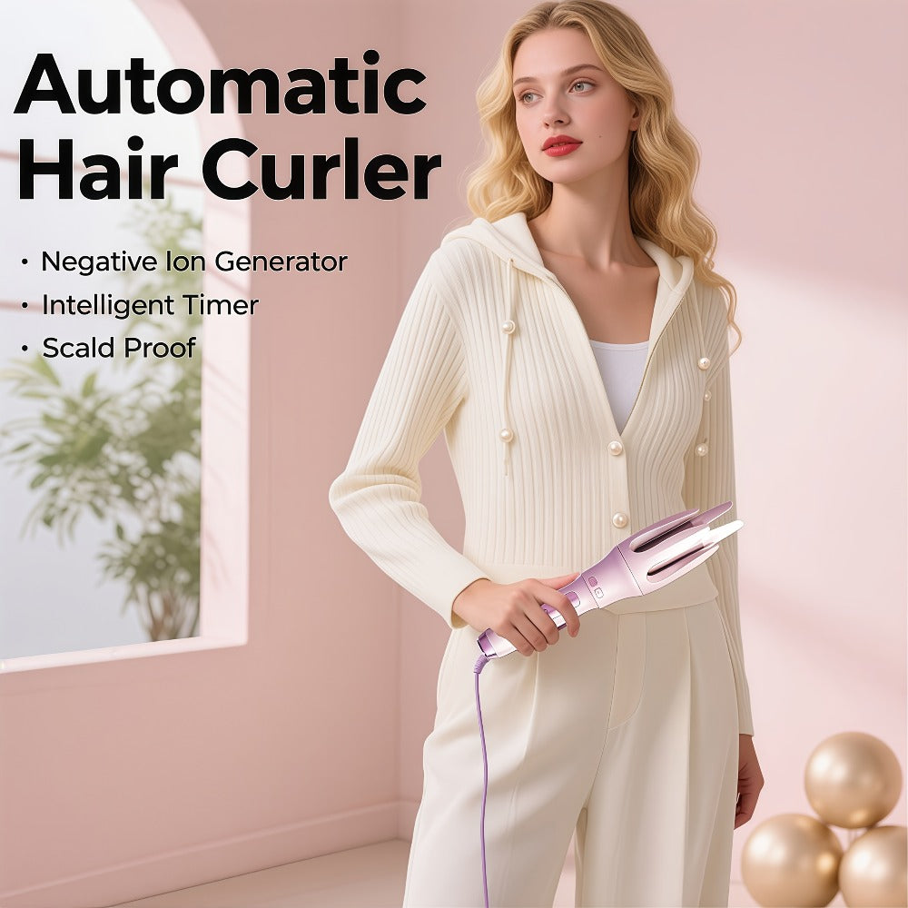 Automatic Rotating Curling Iron 4 Temperature Settings 40M Negative Ion Ceramic Barrel, for Home, Travel and Salon Hair Styling
