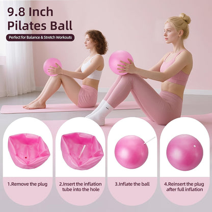 Pink 14-Piece Pilates Ring Set with Two Balls, Five Resistance Bands, Foam Block and Drawstring Bag