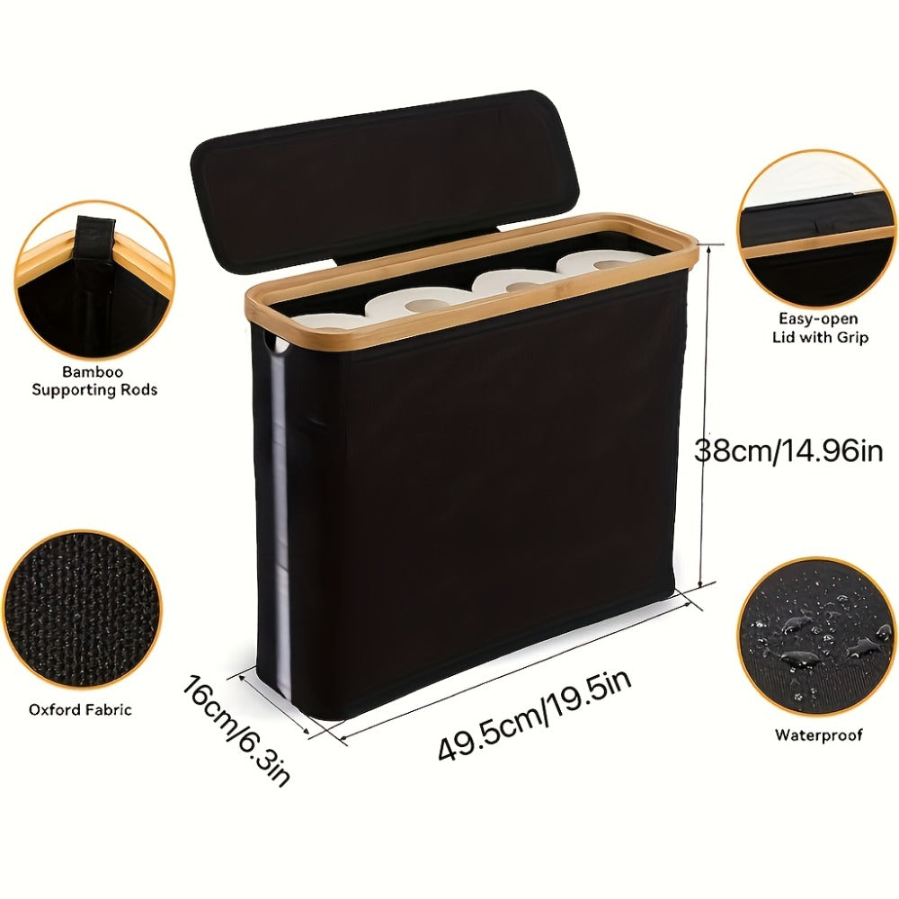 Lidded Toilet Paper Storage Basket with Bamboo-Style Rim in Five Color and Accessory Configurations