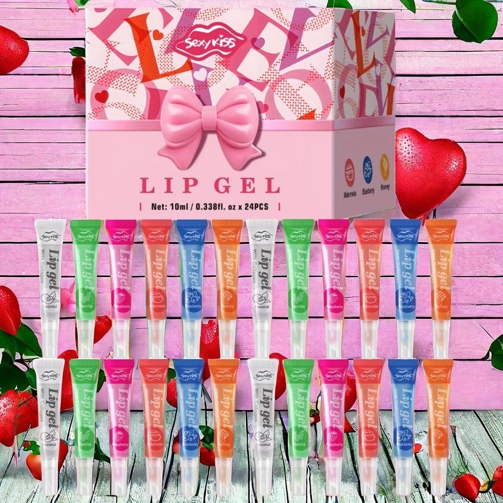 Lip Balm 24-Piece Glossy Lip Gel Collection with Assorted Fruit Labels and Pink Gift Box Packaging