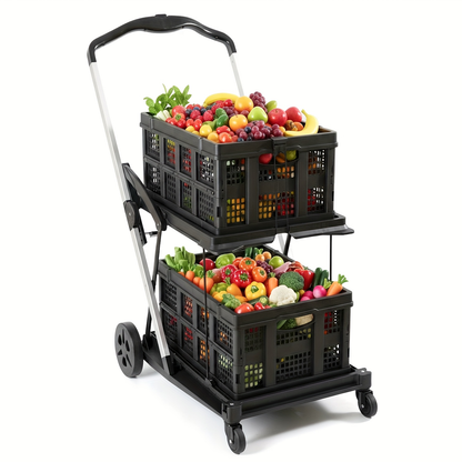 Two Tier Cart with 2 Storage Crates 360° Swivel Wheels, for Garden, Patio and Yard Use, with the Listed Configuration