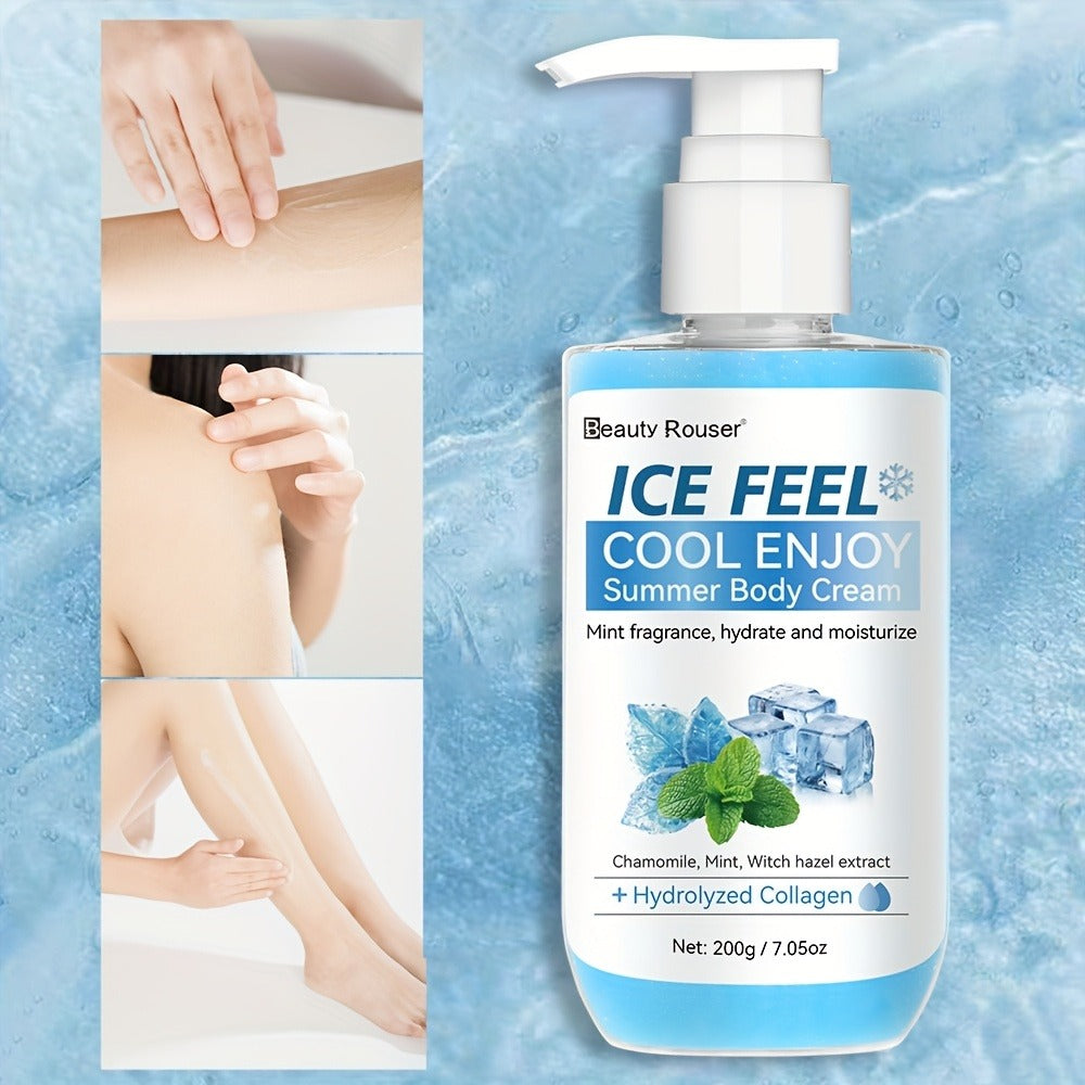 Body Cream Beauty Rouser ICE FEEL 200g Pump with Mint Chamomile Witch Hazel and Collagen Package Callouts