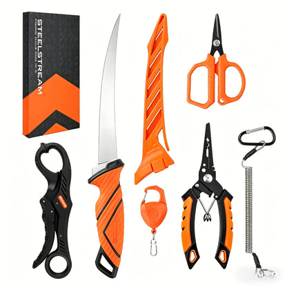 Fishing Tool Kit 6-Piece Corrosion Resistant Pliers Fillet Knife Fish Lip Gripper Braid Scissors Tool Retractor with Lanyard Fishing Gifts