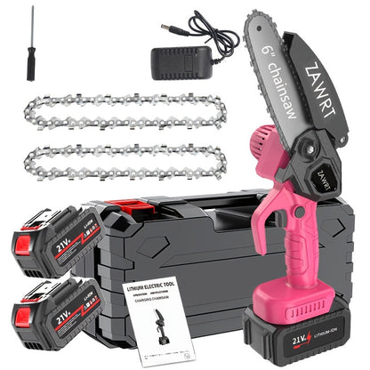Electric Mini Chainsaw 6-Inch with Debris Guard & Toolbox - Cordless Handheld Pruning Saw with Safety Lock