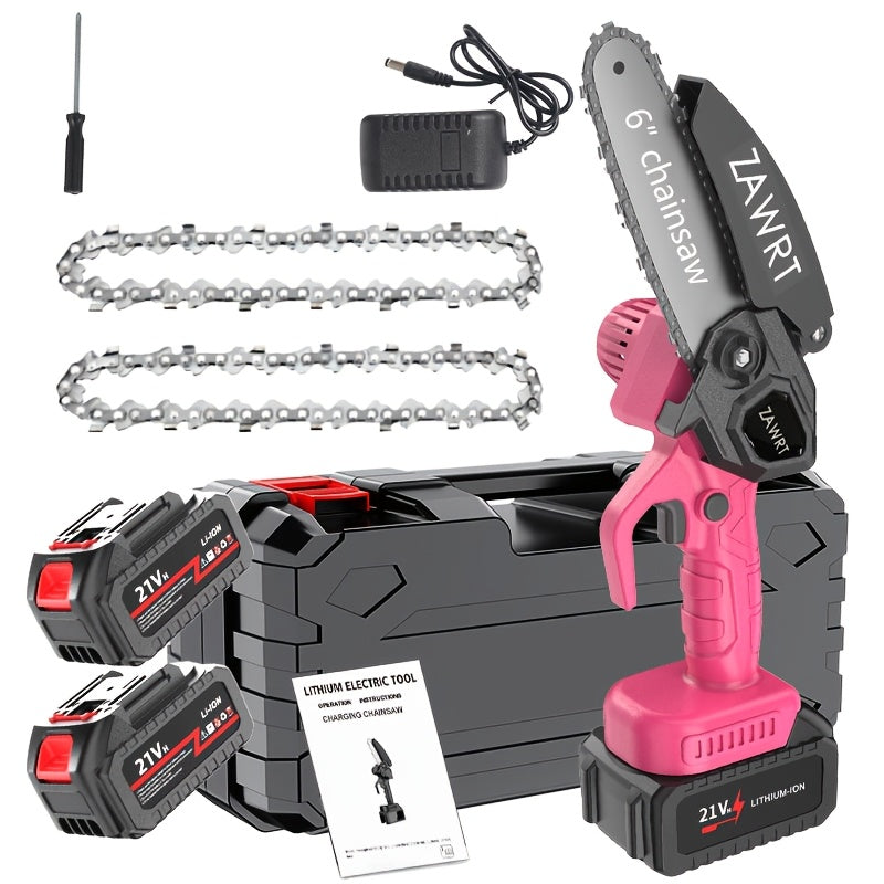 Electric Mini Chainsaw 6-Inch with Debris Guard & Toolbox - Cordless Handheld Pruning Saw with Safety Lock