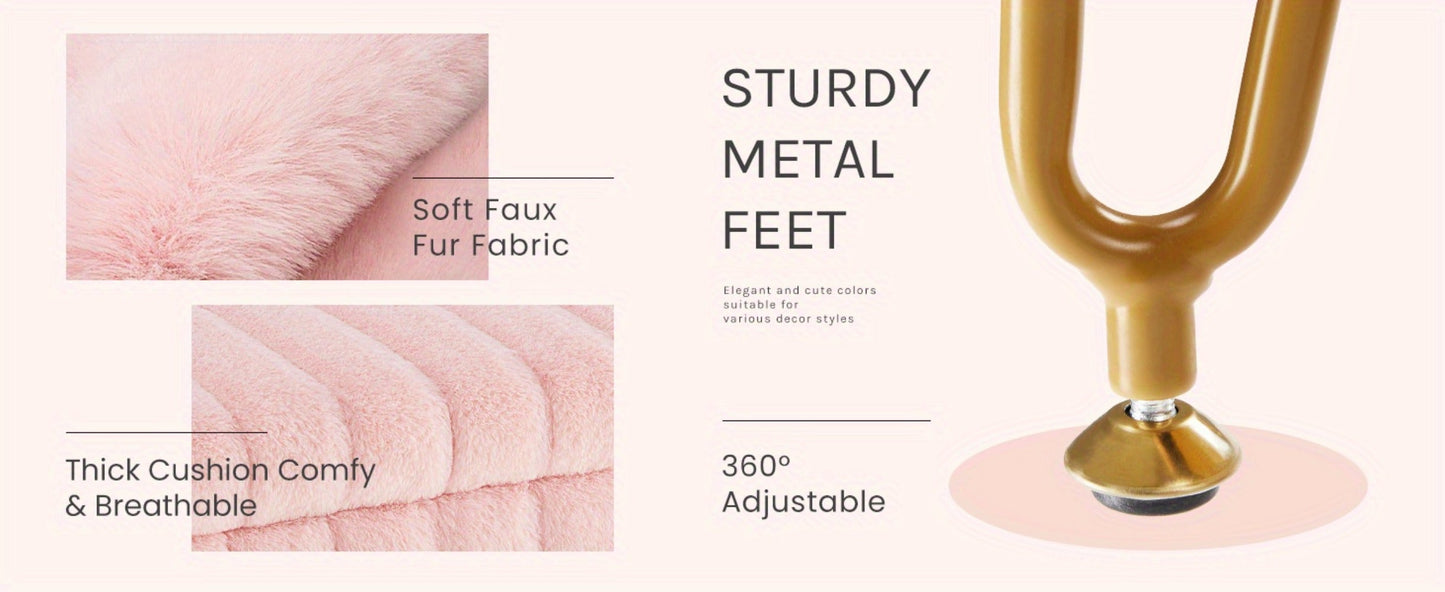 Faux Fur Storage Ottoman Stool, Furry Vanity Seat with Storage, 4 Metal Legs & Feet, Cute Modern Multi-Function Chair for Bedroom