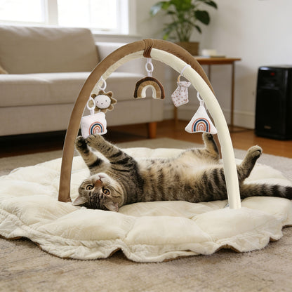 Convertible Round Pet Play Mat and Bed with Raised Sides, Removable Arches and Six Hanging Toys