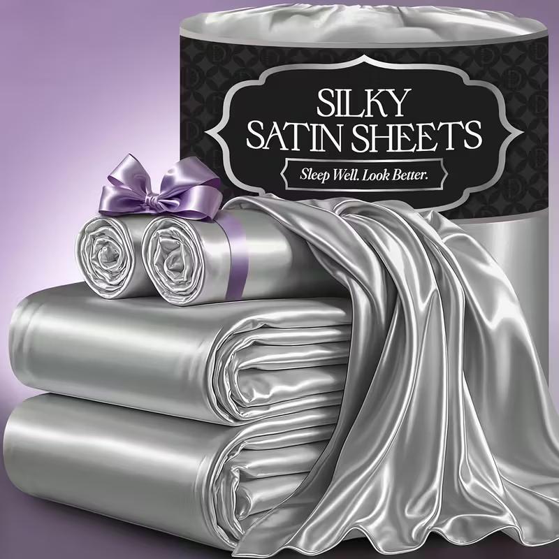Sheet Set, Satin Bedding with 16-Inch Fitted Pocket, Three- or Four-Piece Size Configuration and Seven Solid Colors