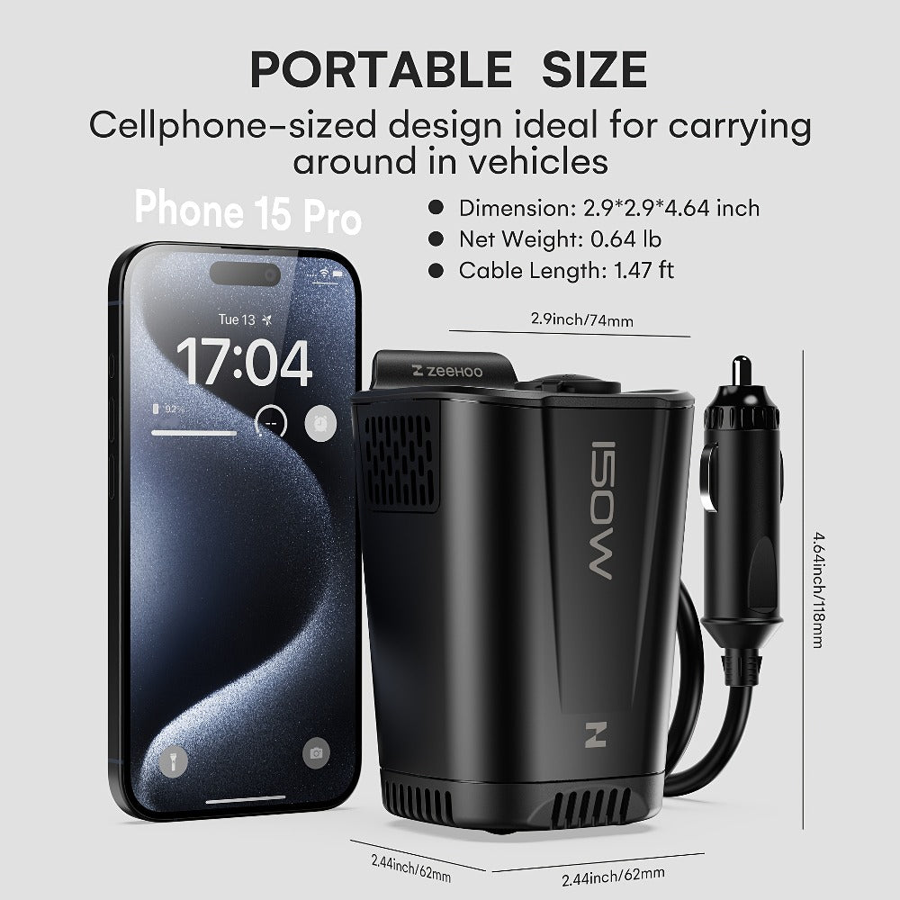 Black 150W Vertical Car Power Inverter with Two 110V AC Outlets, USB-A and USB-C Ports for Vehicles
