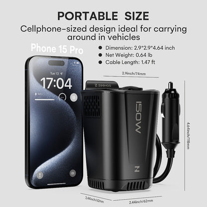 Black 150W Vertical Car Power Inverter with Two 110V AC Outlets, USB-A and USB-C Ports for Vehicles