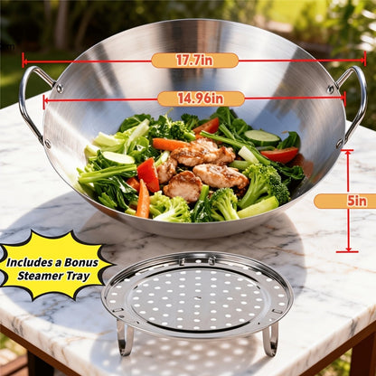 Stainless Steel Wok Cookware with Dual Handles, Steamer Rack and 30, 36 or 38cm Size Choices