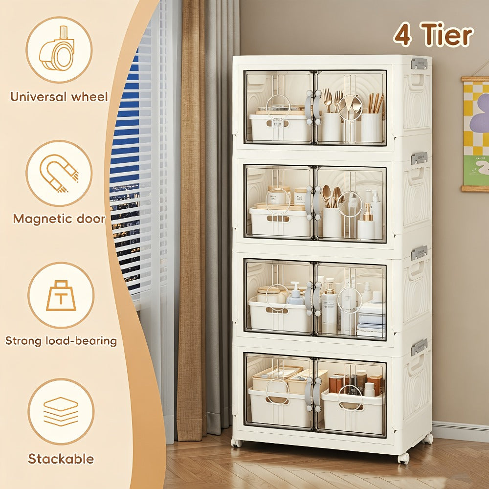 Collapsible Storage Bin with Lid, Foldable Storage Cabinet 2/3/4/5 Layer 48QT Plastic Organizer, Freestanding Storage Rack for Home
