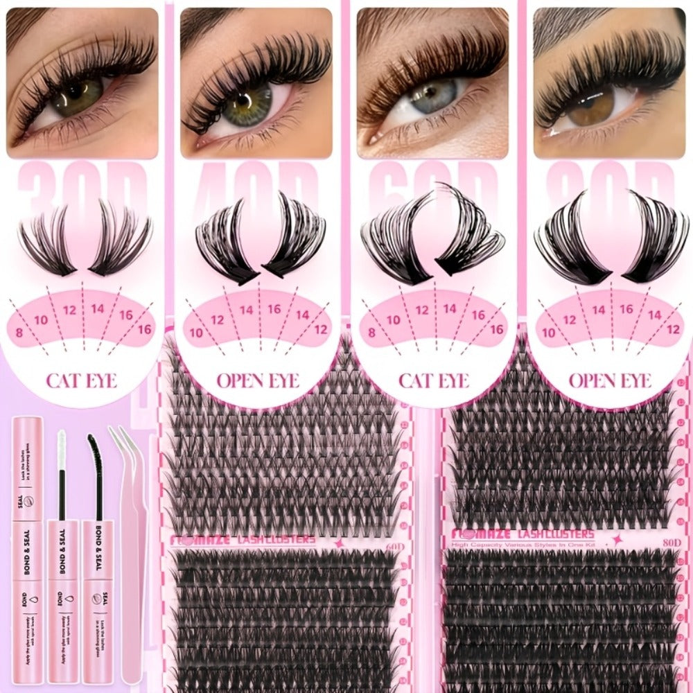 800-Piece 30D–80D Volume Lash Cluster Kit with Mixed 10–16mm Lengths and Pink Application Set