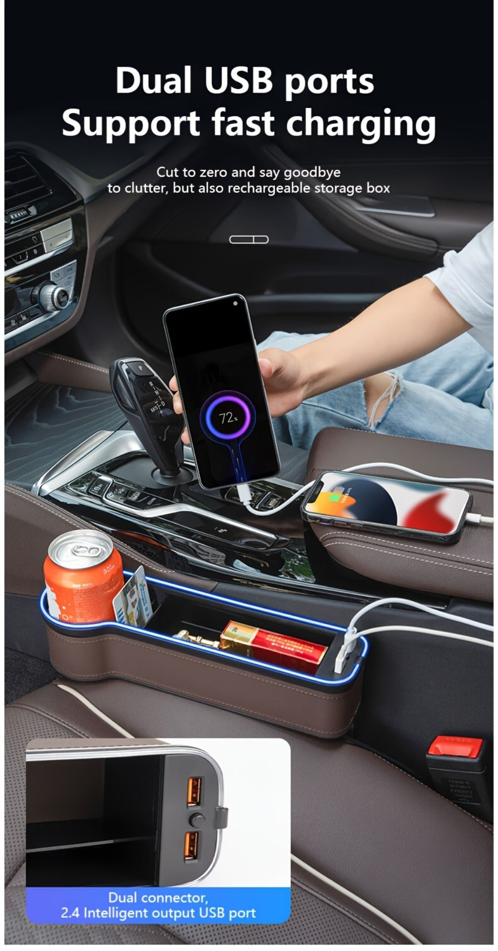 Black Lighted Seat-Gap Car Organizer with Phone Slot, USB Ports and Driver, Passenger or Pair Options