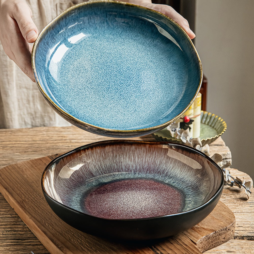 Irregular Deep Dish Ceramic Plate, Artisan Handcrafted Salad Soup Bowl Dish, Unique Edge Design, Tableware for Family Dining