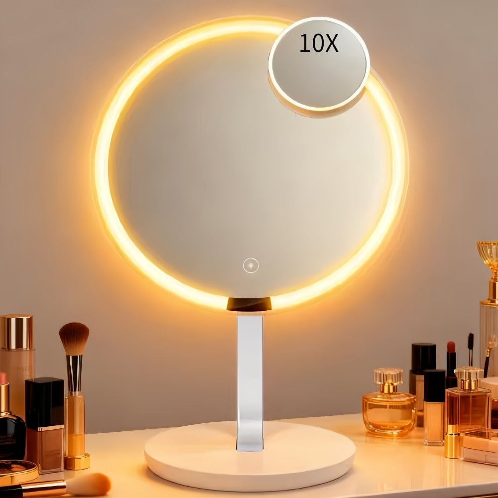 Makeup Mirror Round LED Desktop Stand with Detachable 10X Suction Mirror, Three Light Colors, Touch Dimming and USB Power