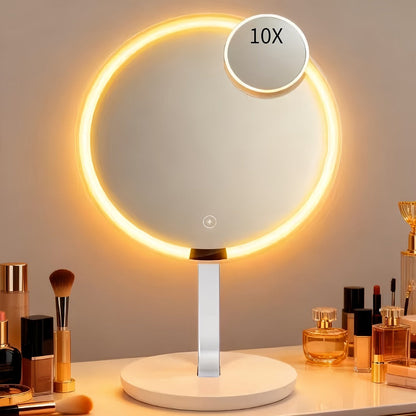Makeup Mirror Round LED Desktop Stand with Detachable 10X Suction Mirror, Three Light Colors, Touch Dimming and USB Power