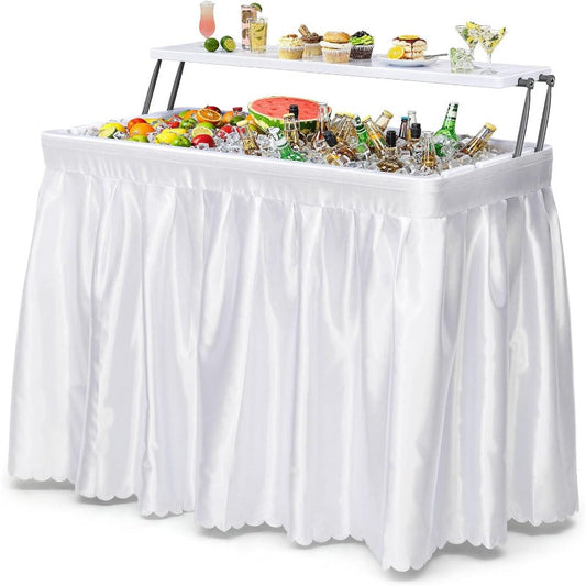 2-Tier Ice Table 40.5" Folding Bar Cooler with Drain, Skirt & Metal Shelf, Double-Layer Outdoor Beverage Station for Parties