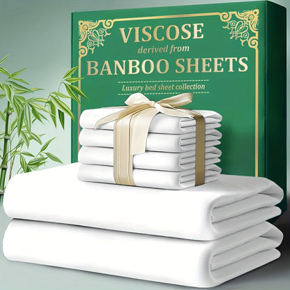 Bamboo Fitted Sheet Set 4-Piece Deep Pocket 18"-24", 2200TC Ultra- Cool Breathable Bed Sheets, Anti-Shrink Fade-Resistant