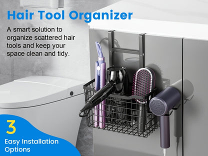 Hanging Hair Tool Organizer with Adjustable Mounting Height, Wire Basket and Black or White Finish
