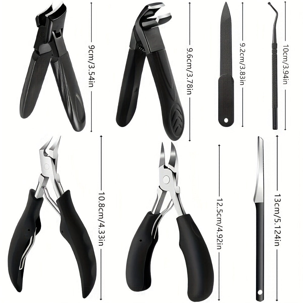 Seven-Piece Toenail Tool Set with Four Black-Handle Clippers, File and Two Slim Detail Tools