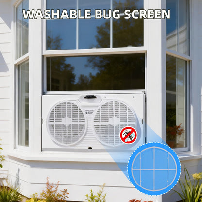 Twin Window Fan 9 Inch Dual Blade, Expandable Width with Thermostat and Remote Control for Home Cooking, Dining and Outdoor Meals