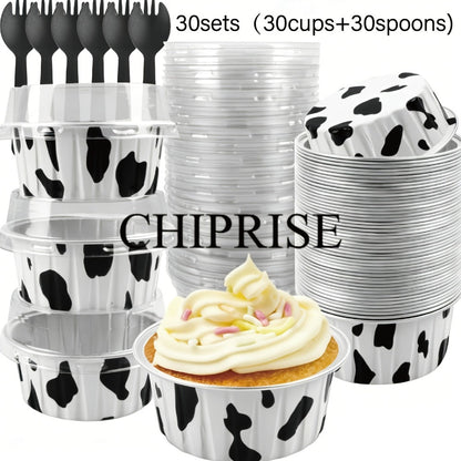 Aluminum Foil Baking Cups with Lids, Disposable Cupcake Molds with Spoons, Foil Dessert Cups for Pudding Muffins Mousse