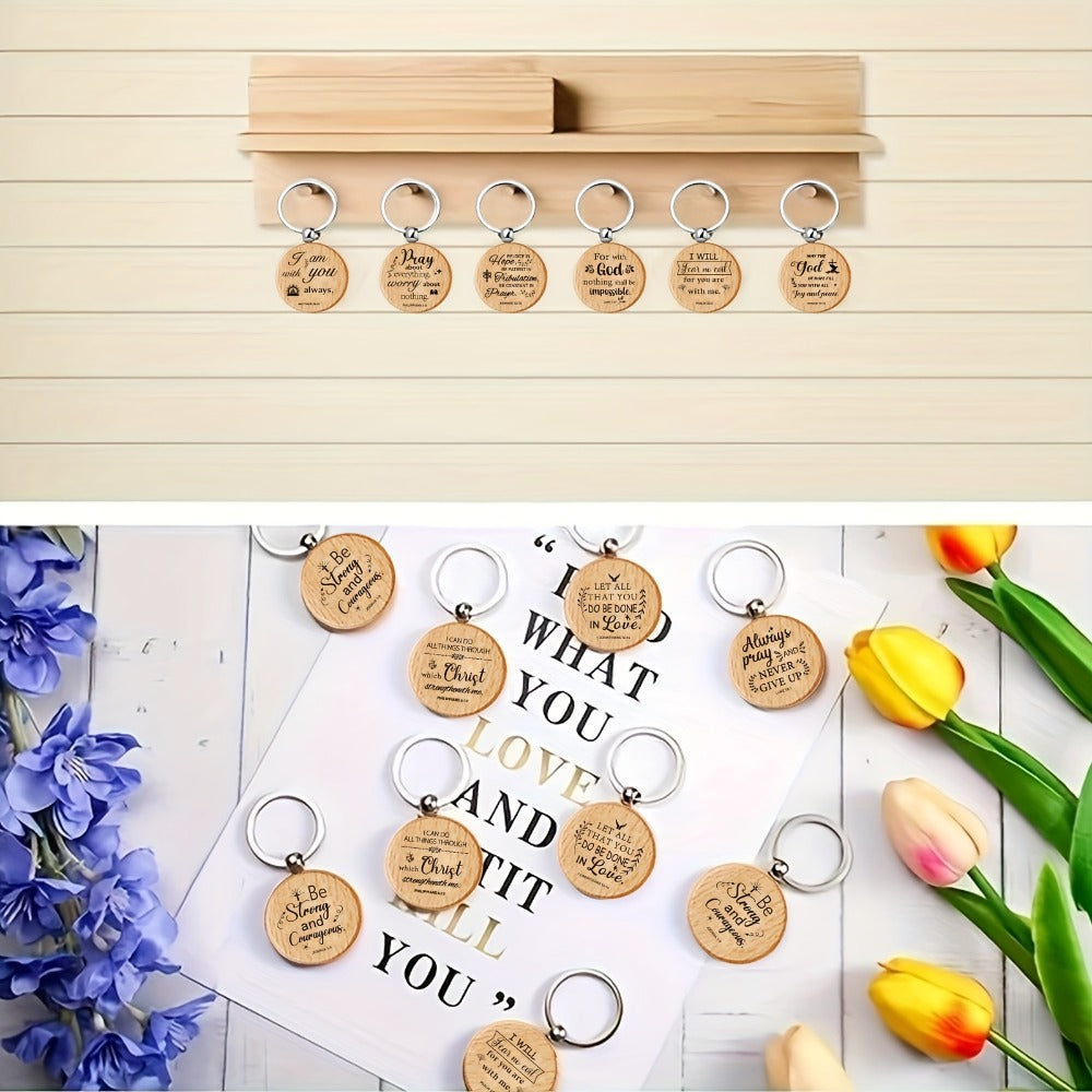 Keychain Set 100-Piece Engraved Wood Bible Verse Discs with Stainless Steel Split Rings and Ten Message Designs