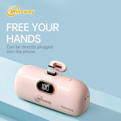 Power Bank 5000mAh Mini USB-C Plug-In Style with Digital Display in Pink or White for Travel