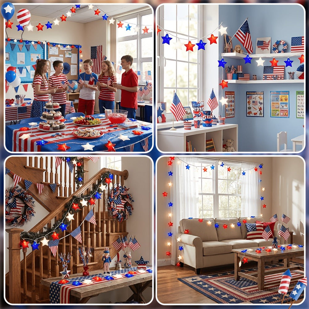 String Lights, Red White and Blue Star Lights with Plug-In Power, 8.5- or 12-Foot Length and 10 or 20 LEDs