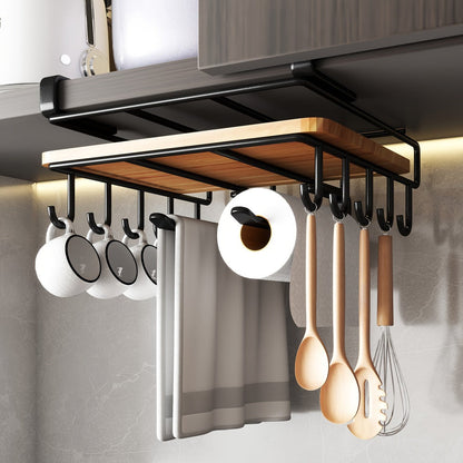 Under Cabinet Organizer Rack with Hooks, Carbon Steel Kitchen Shelf for Utensils, Towels, Cups & Cutting Boards