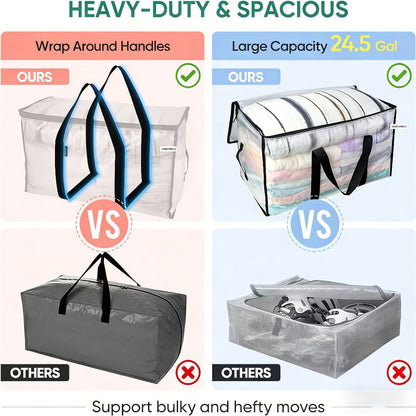 Moving Bags Set of 6, Oversized Storage Totes with Reinforced Handles & Snap-Close Lid, Space Saver Bags for Clothes