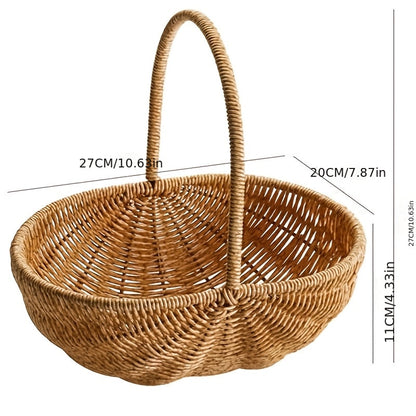 Handwoven Rattan Storage Basket with Carry Handle in Light Brown Medium Drain-Basket Format