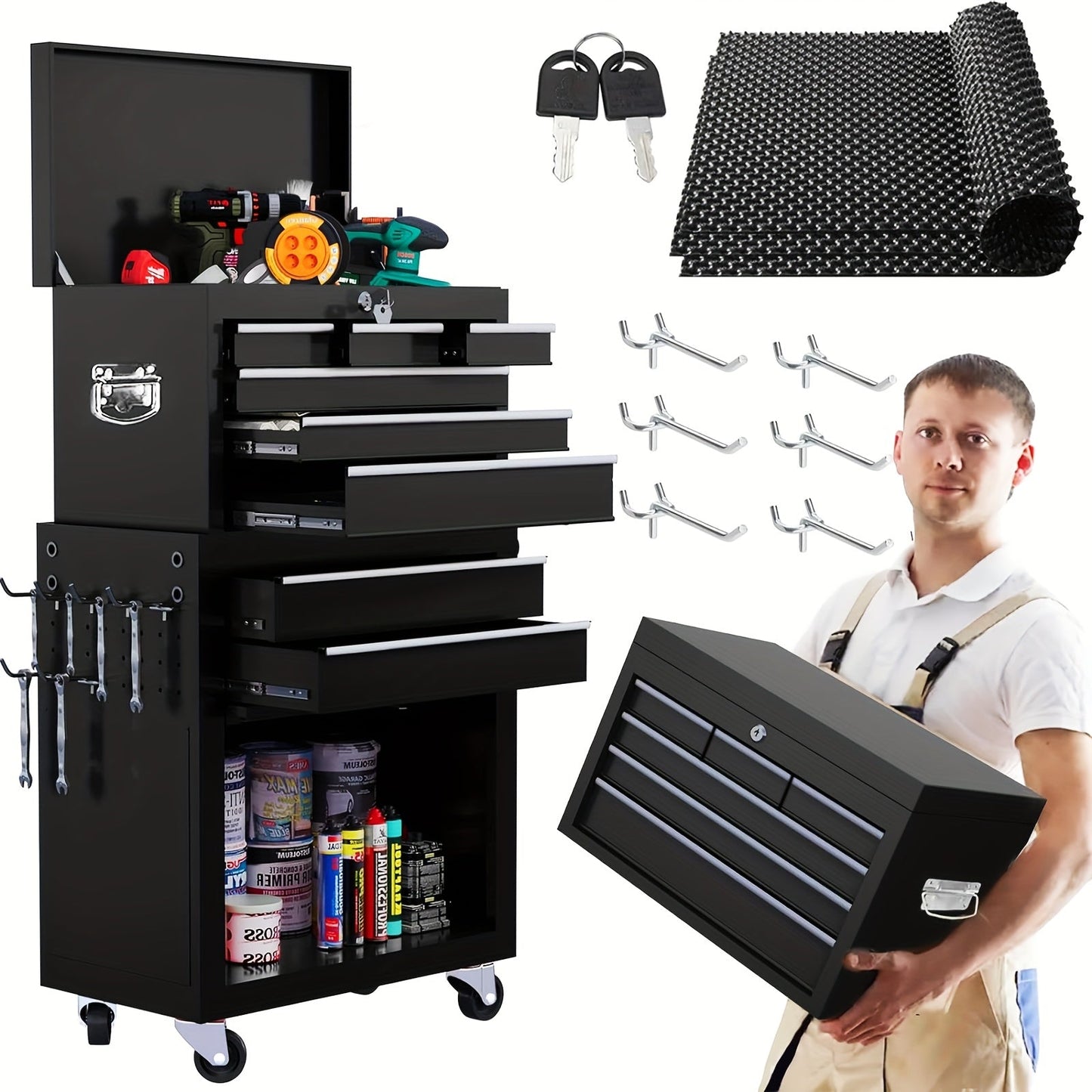 Rolling Tool Chest 8-Drawer Alloy Steel 2-in-1 Mobile Workbench Detachable Top Lockable Wheels Garage for Garden, Patio and Yard Use