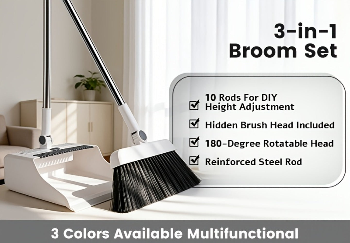Broom and Dustpan Set 3-in-1 with Wiper – Non-Stick Hair Sweeper Household Floor Broom Combo for Indoor Outdoor Use