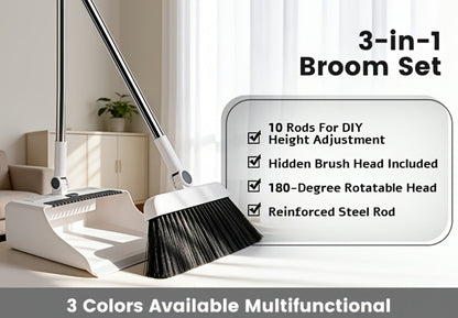 Broom and Dustpan Set 3-in-1 with Wiper – Non-Stick Hair Sweeper Household Floor Broom Combo for Indoor Outdoor Use