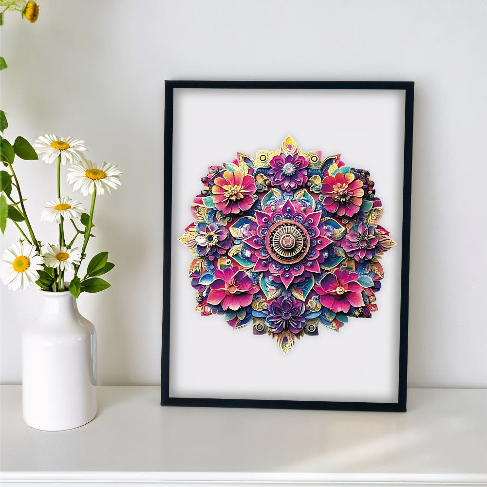 Floral Mandala Wooden Jigsaw Puzzle with Irregular Pieces and S, M and L Options from 5.31 to 11.02 Inches