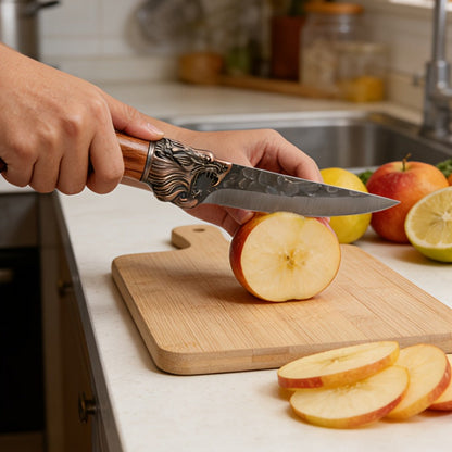 Seven-Piece Kitchen Knife Set with Six Hammered Silver Blades, Scissors and Wood-Look Handles