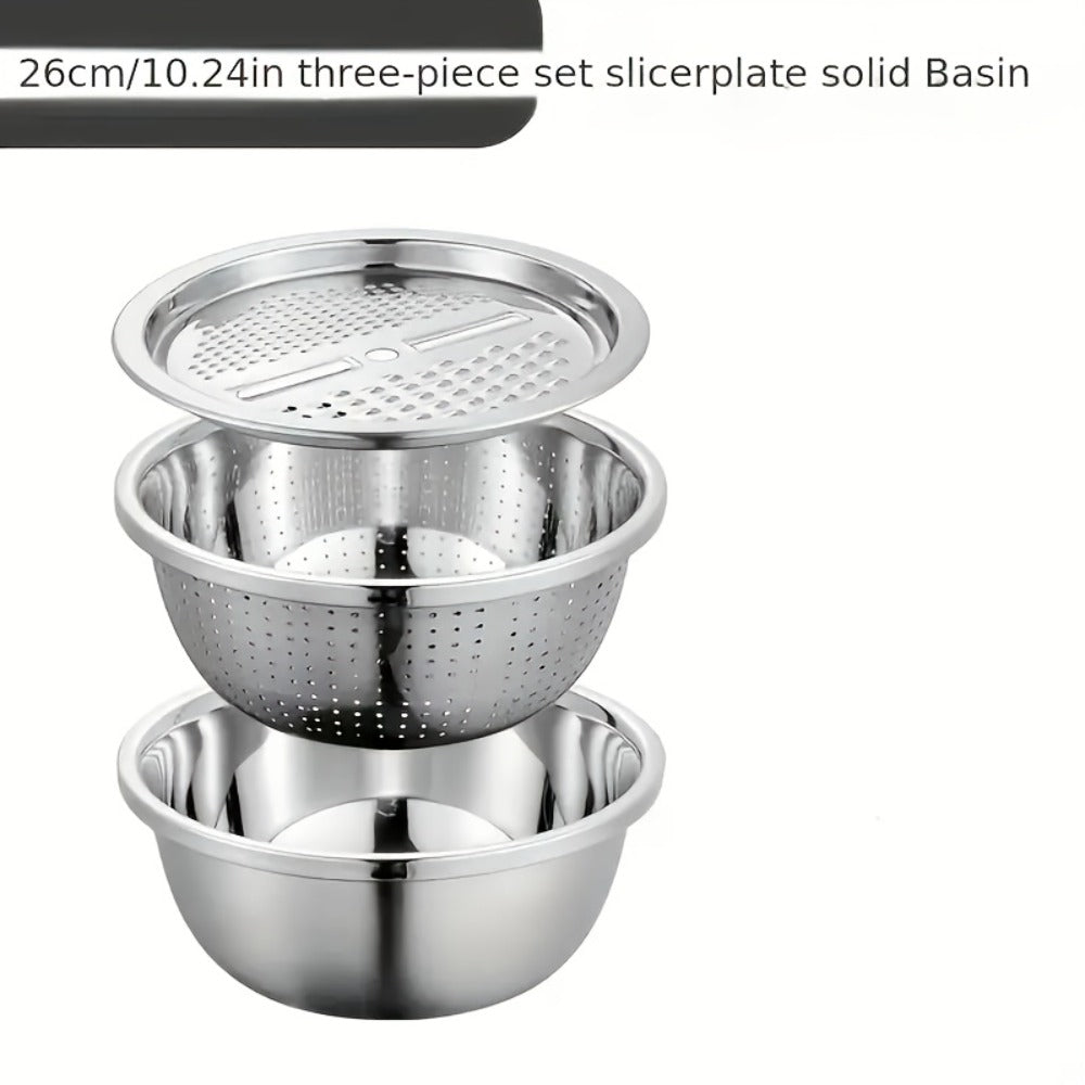 Stainless Steel 3-in-1 Kitchen Prep Set with Mixing Bowl Built-In Grinder Multi-Layer Slicer for Home Cooking, Dining and Outdoor Meals