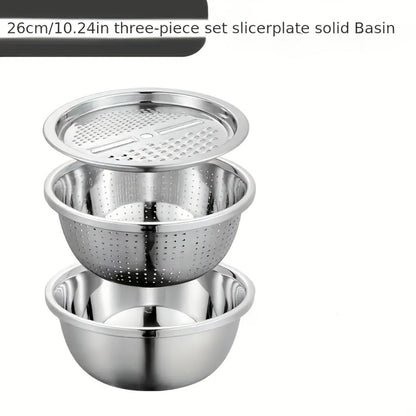 Stainless Steel 3-in-1 Kitchen Prep Set with Mixing Bowl Built-In Grinder Multi-Layer Slicer for Home Cooking, Dining and Outdoor Meals