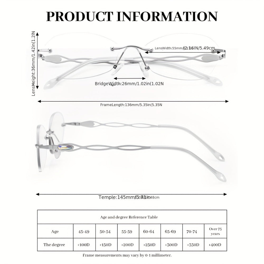 Reading Glasses – Three-Pair Rimless Metal Readers in Multiple Colors and Strengths with Multiple Strength and Color Options