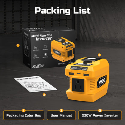 Portable Power Inverter 200W – DeWalt 20V Battery Compatible, DC to AC 110V, 2 USB + Type-C Fast Charging, 400LM Work Light, for Car